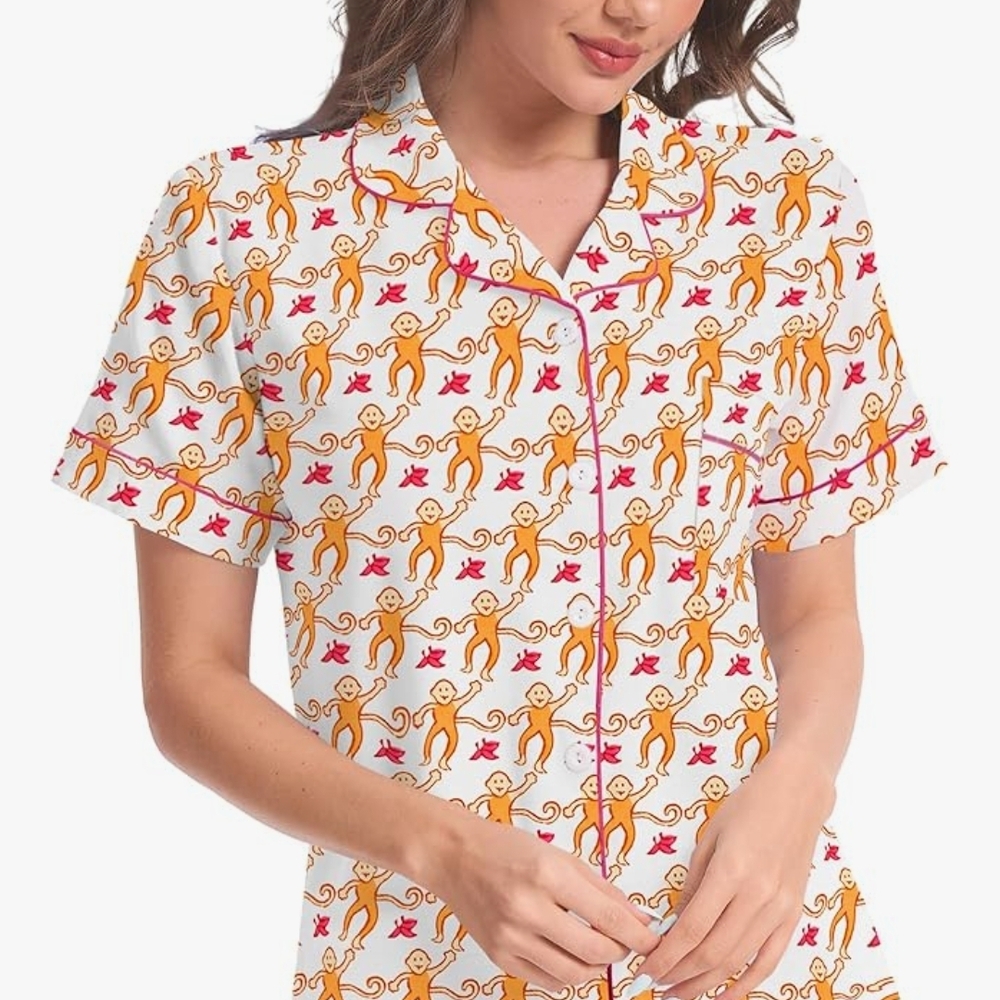 Playful Monkey Print Women's Pajama Set - White and Orange